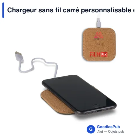 Chargeur sans fil carré personnalisable en liège 5W avec logo - Cork