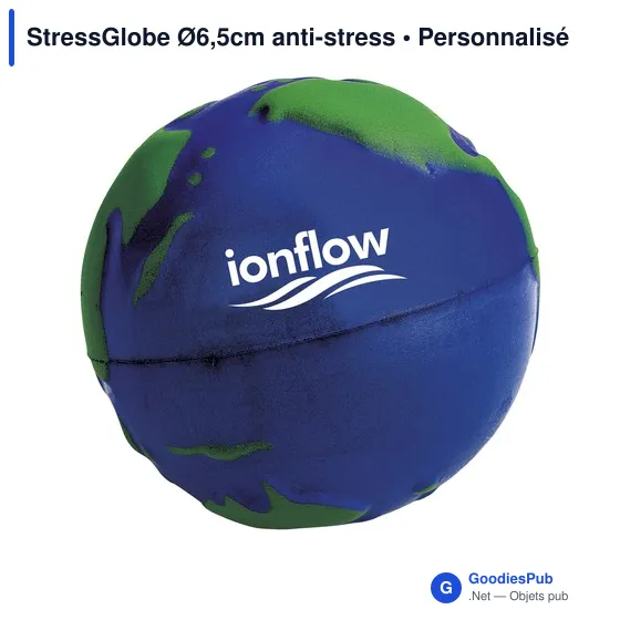 StressGlobe Ø6,5cm anti-stress personnalisé avec logo entreprise bleu - Image 2