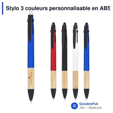 Stylo 3 couleurs personnalisable en ABS recyclé avec grip bambou