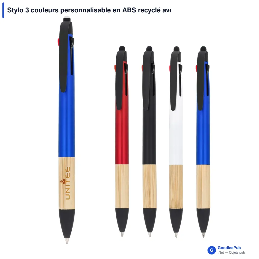 Stylo 3 couleurs personnalisable en ABS recyclé avec grip bambou - Image 1