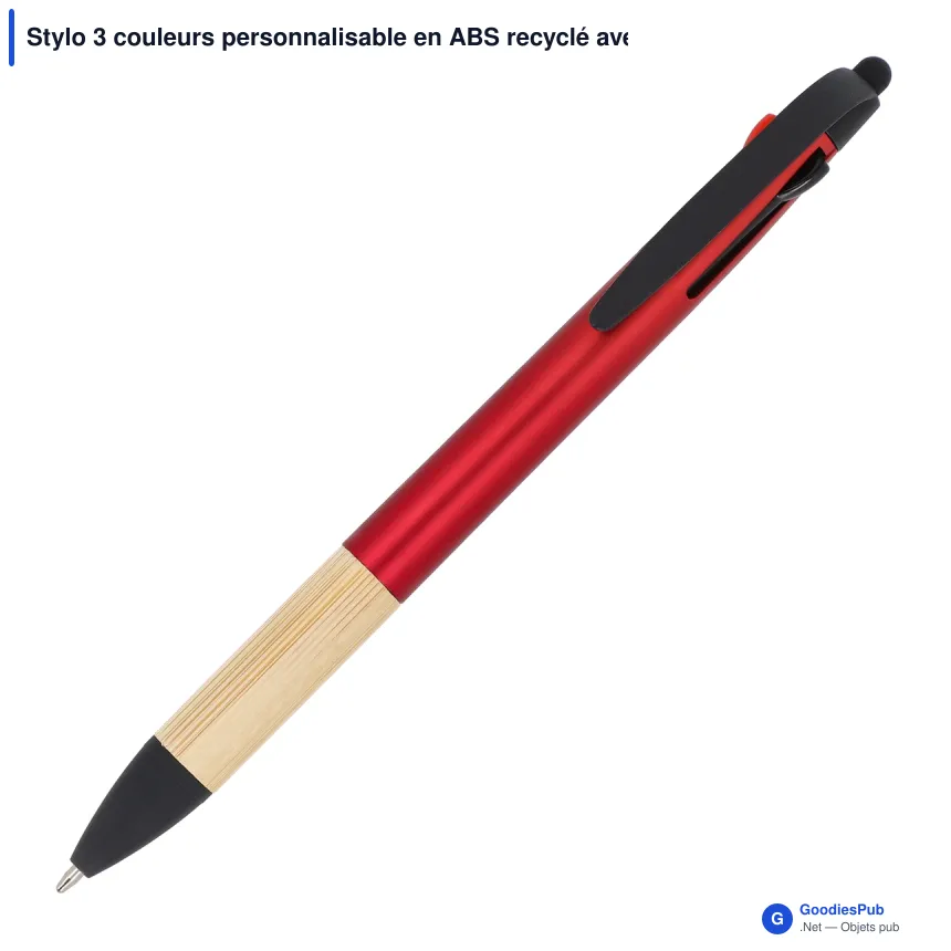 Stylo 3 couleurs personnalisable en ABS recyclé avec grip bambou - Image 2