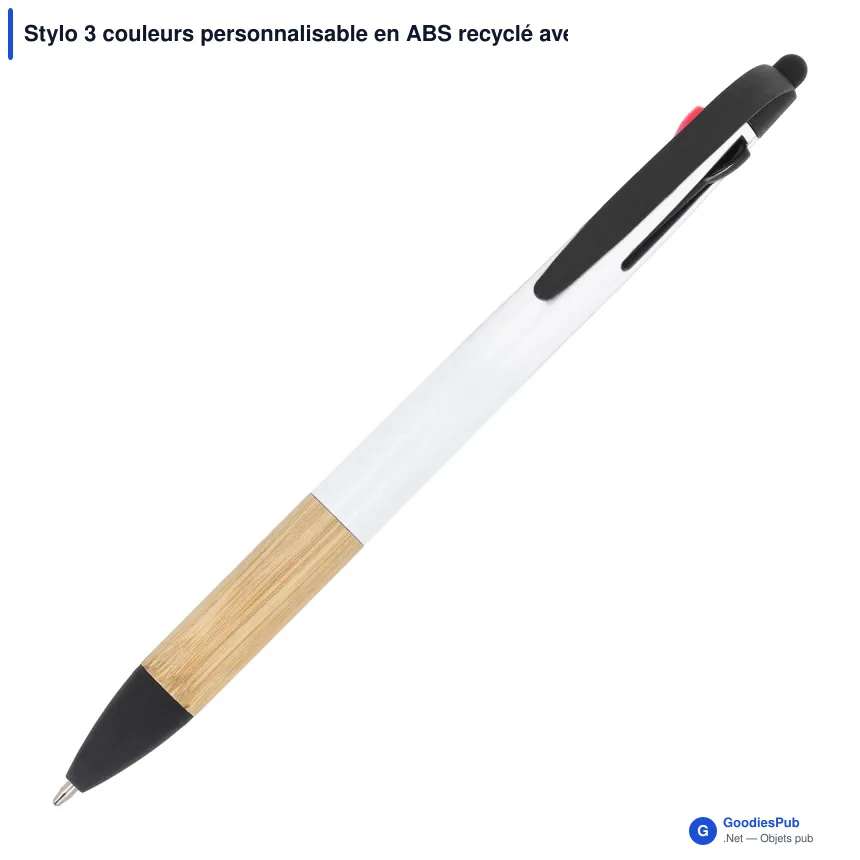 Stylo 3 couleurs personnalisable en ABS recyclé avec grip bambou - Image 3