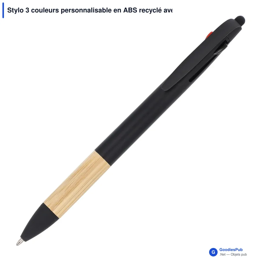 Stylo 3 couleurs personnalisable en ABS recyclé avec grip bambou - Image 4