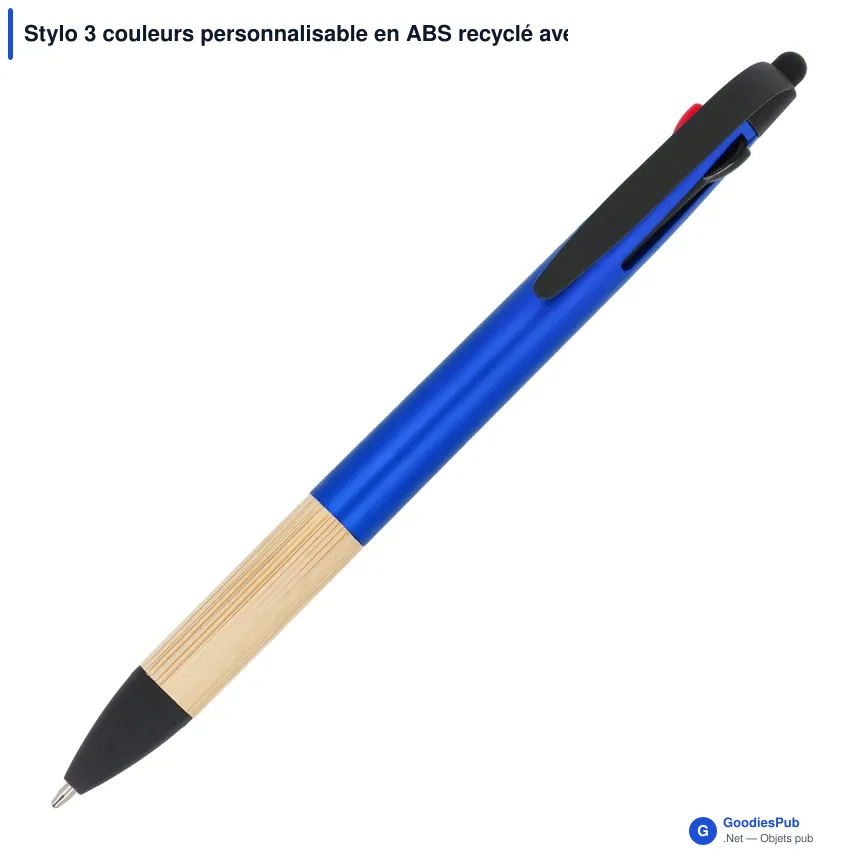 Stylo 3 couleurs personnalisable en ABS recyclé avec grip bambou - Image 5