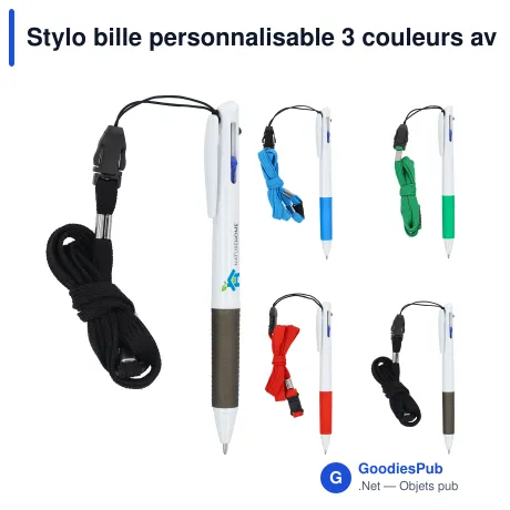Stylo bille personnalisable 3 couleurs avec grip et cordon avec logo - Stylo Cordon