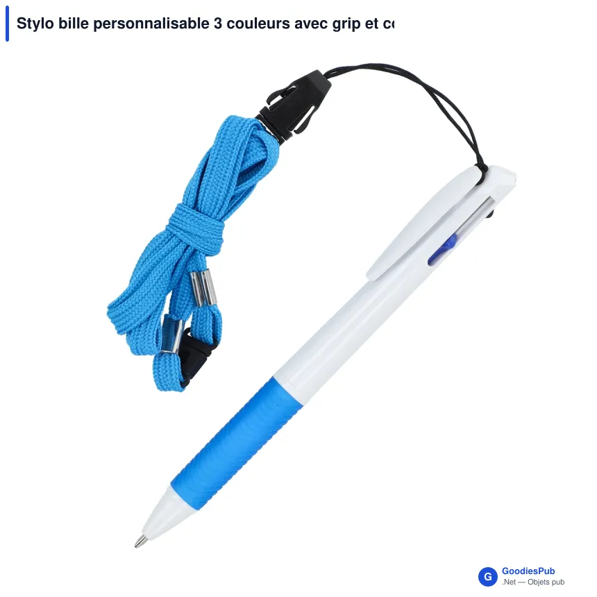 Stylo bille personnalisable 3 couleurs avec grip et cordon avec logo - Stylo Cordon - Image 2