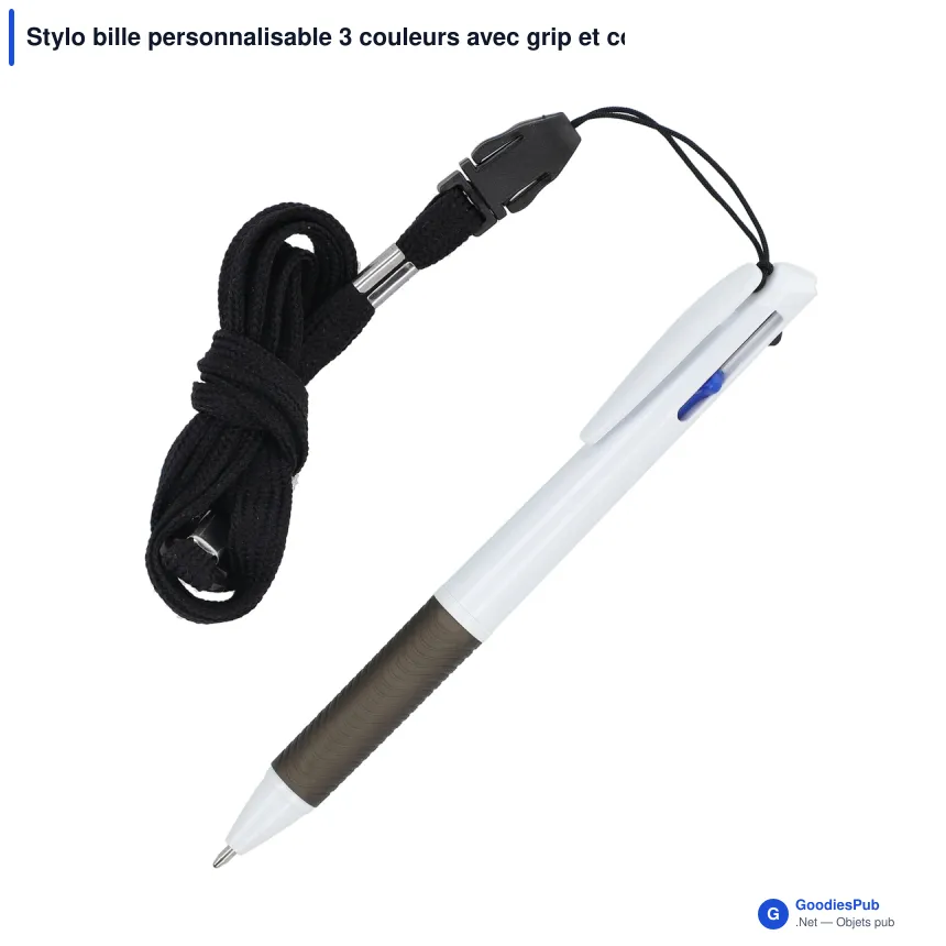 Stylo bille personnalisable 3 couleurs avec grip et cordon avec logo - Stylo Cordon - Image 3