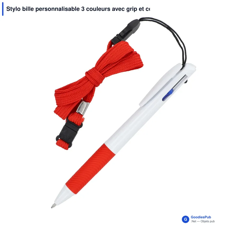 Stylo bille personnalisable 3 couleurs avec grip et cordon avec logo - Stylo Cordon - Image 4