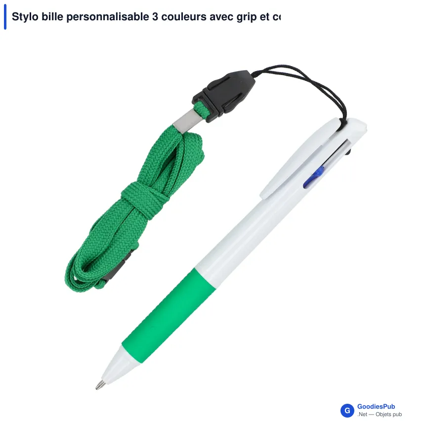 Stylo bille personnalisable 3 couleurs avec grip et cordon avec logo - Stylo Cordon - Image 5