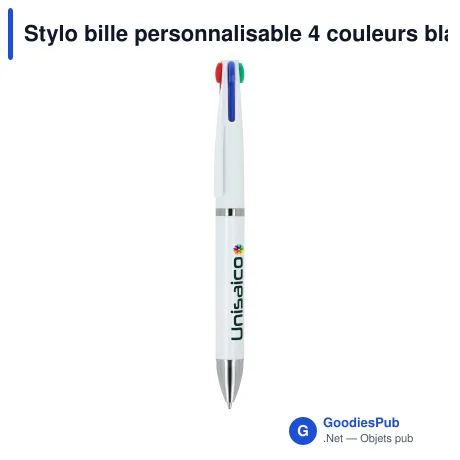 Stylo bille personnalisable 4 couleurs blanc avec logo - Stylo 4 Couleurs