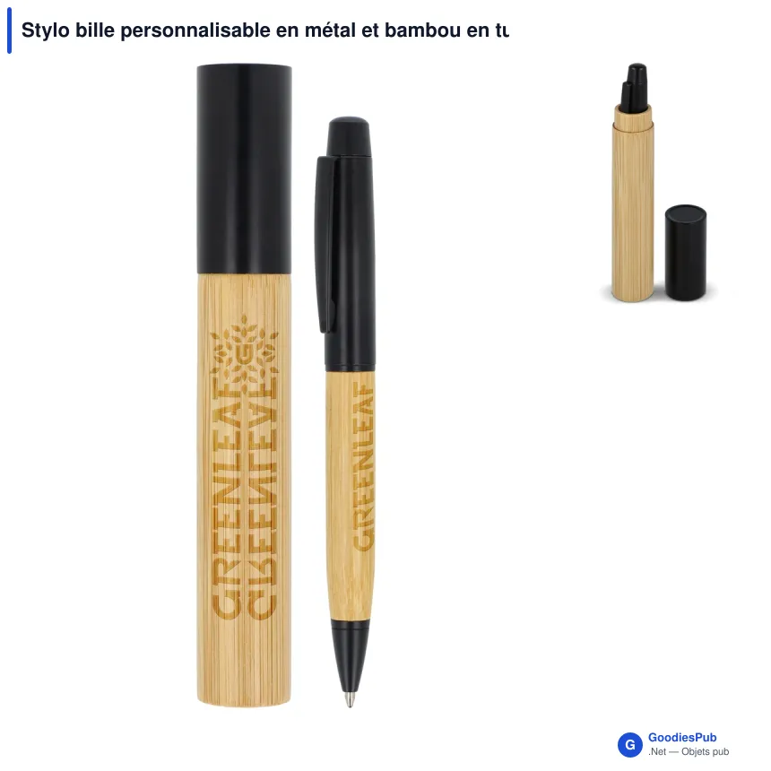 Stylo bille personnalisable en métal et bambou en tube avec logo - Black Tube - Image 1