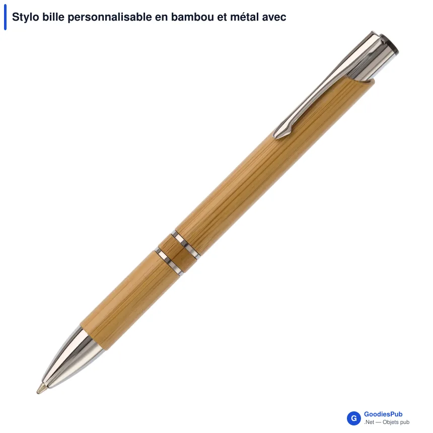 Stylo bille personnalisable en bambou et métal avec logo - Alicante - Image 2