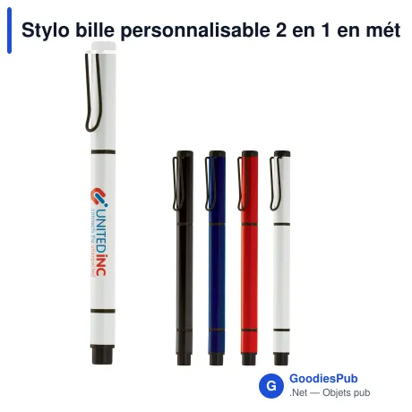 Stylo bille personnalisable 2 en 1 en métal avec surligneur et logo - Duo