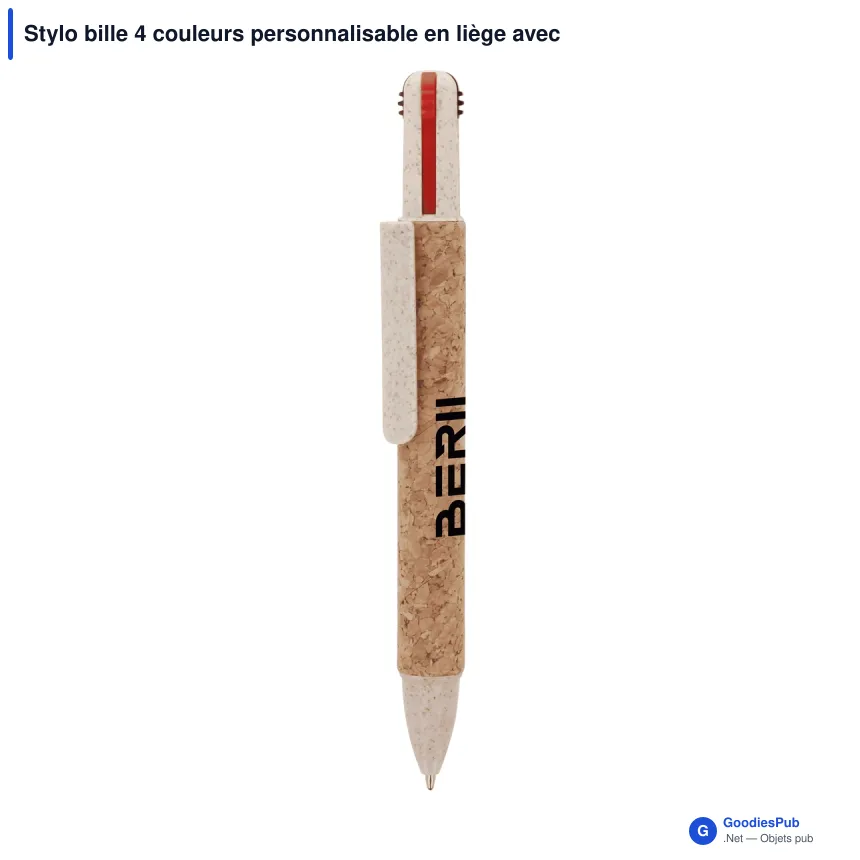 Stylo bille 4 couleurs personnalisable en liège avec logo - Image 1