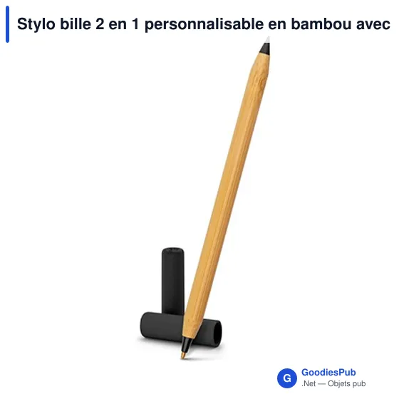 Stylo bille 2 en 1 personnalisable en bambou avec logo | Mikayla - Image 4