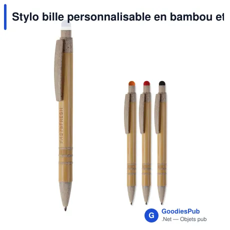 Stylo bille personnalisable en bambou et paille de blé beige avec logo