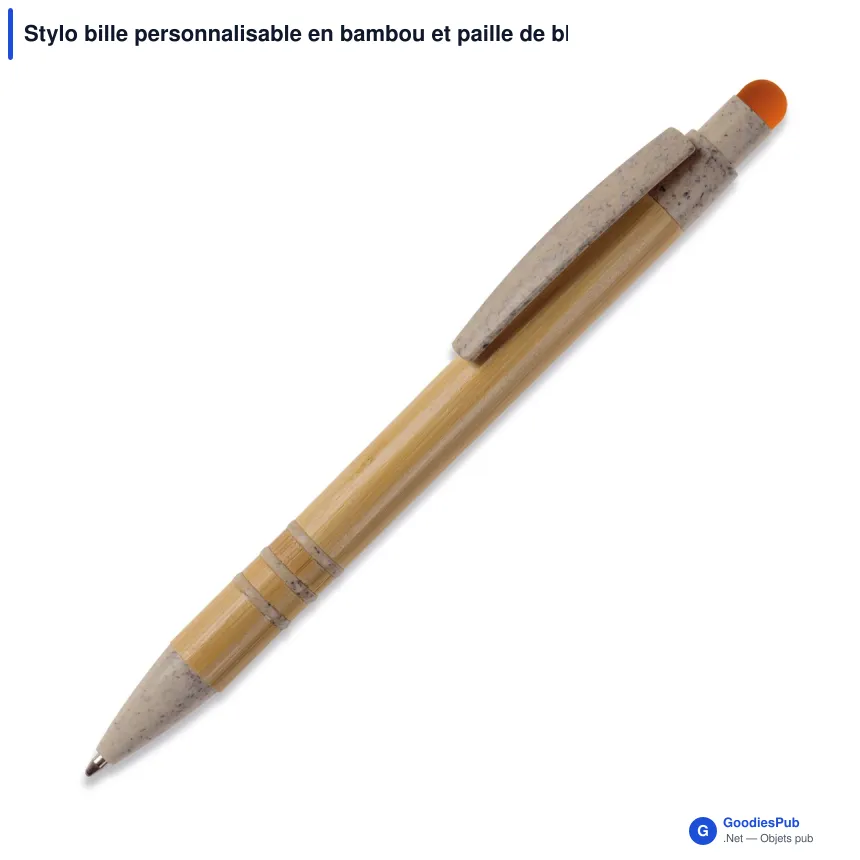 Stylo bille personnalisable en bambou et paille de blé beige avec logo - Image 2