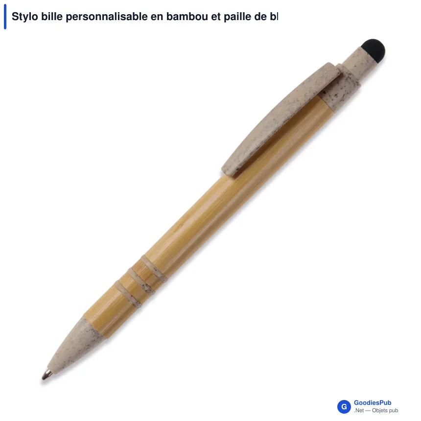 Stylo bille personnalisable en bambou et paille de blé beige avec logo - Image 3