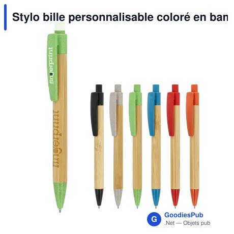 Stylo bille personnalisable coloré en bambou et paille de blé avec logo