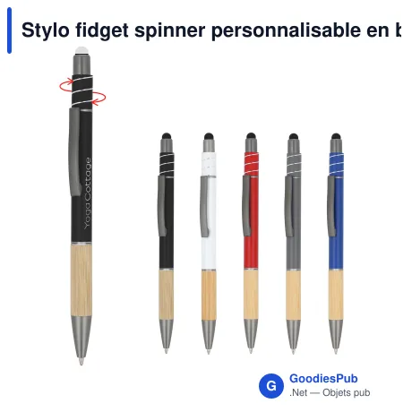Stylo fidget spinner personnalisable en bambou et aluminium recyclé avec logo