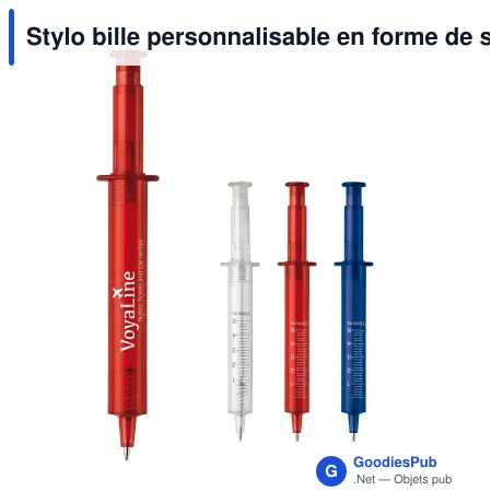 Stylo bille personnalisable en forme de seringue transparente avec logo