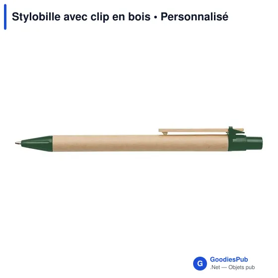 Stylo bille personnalisable avec clip en bois - Stylobilleavec logo - Image 1
