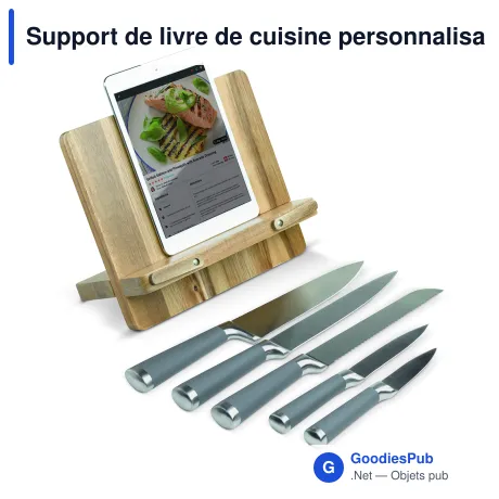 Support de livre de cuisine personnalisable et 5 couteaux avec logo - Acacia