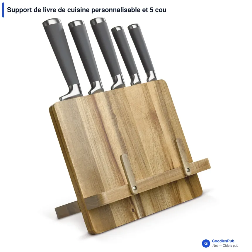 Support de livre de cuisine personnalisable et 5 couteaux avec logo - Acacia - Image 2
