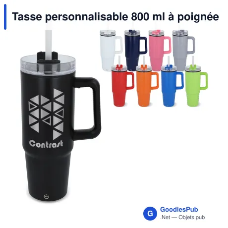Tasse personnalisable 800 ml à poignée et paille, en inox recyclé avec logo - Miami