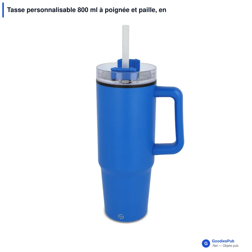 Tasse personnalisable 800 ml à poignée et paille, en inox recyclé avec logo - Miami - Image 2