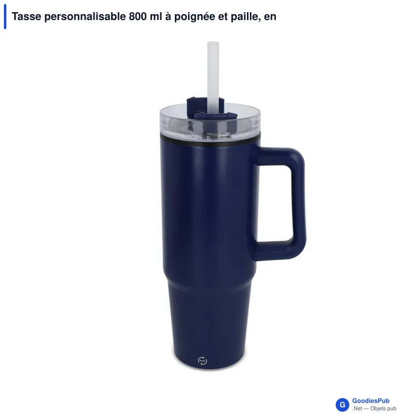 Tasse personnalisable 800 ml à poignée et paille, en inox recyclé avec logo - Miami - Image 3