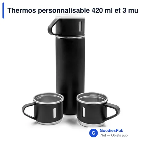 Thermos personnalisable 420 ml et 3 mugs pour logo | Quavean