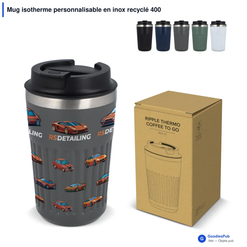 Mug isotherme personnalisable en inox recyclé 400 ml avec logo - Café à emporter - Image 1