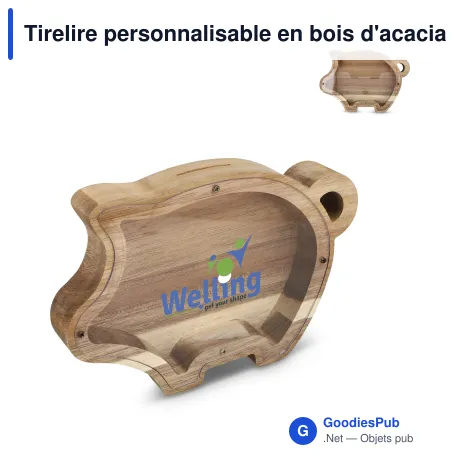 Tirelire personnalisable en bois d'acacia avec logo - PennyVista