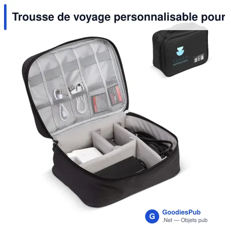 Trousse de voyage personnalisable pour câbles et chargeurs avec logo - Noire