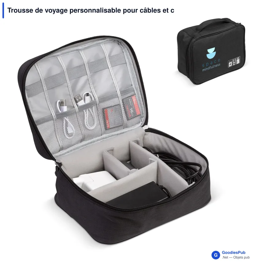 Trousse de voyage personnalisable pour câbles et chargeurs avec logo - Noire - Image 1