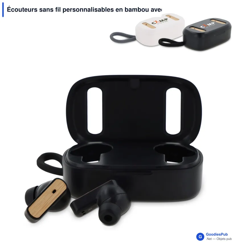 Écouteurs sans fil personnalisables en bambou avec logo - TWS Bamboo - Image 1