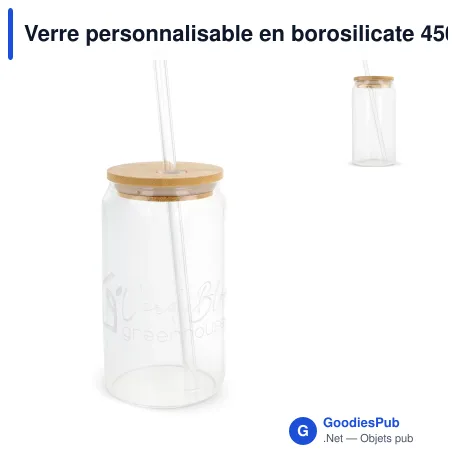 Verre personnalisable en borosilicate 450 ml avec logo - Couvercle bambou