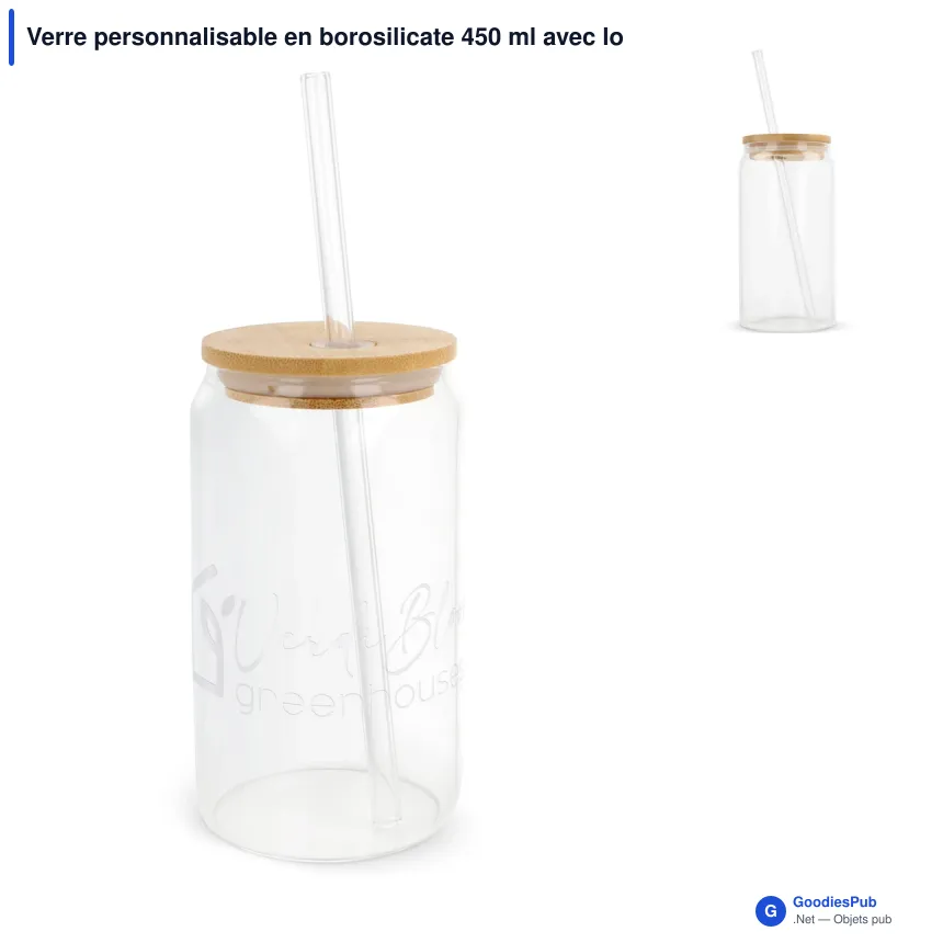 Verre personnalisable en borosilicate 450 ml avec logo - Couvercle bambou - Image 1