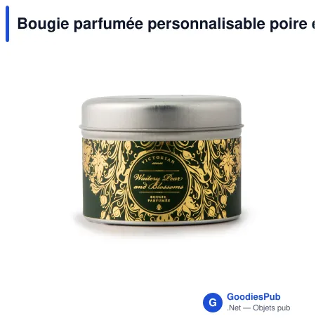 Bougie parfumée personnalisable poire et fleurs en boîte métal avec logo - Victorian