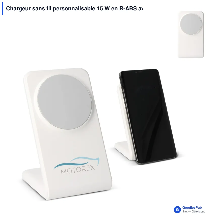 Chargeur sans fil personnalisable 15 W en R-ABS avec logo - Support blanc - Image 1