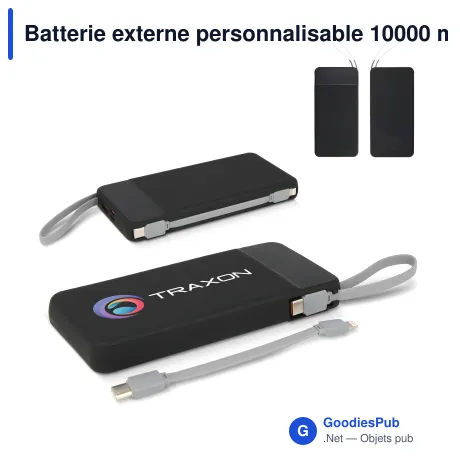 Batterie externe personnalisable 10000 mAh à câbles USB-C et Lightning avec logo - Ziara