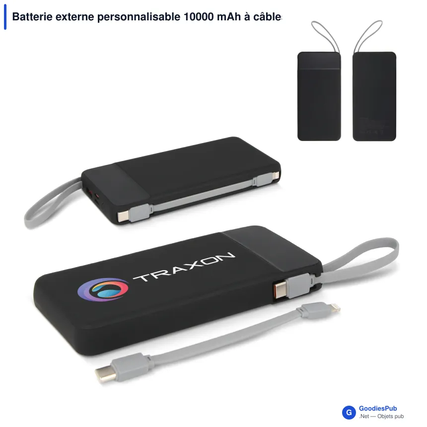 Batterie externe personnalisable 10000 mAh à câbles USB-C et Lightning avec logo - Ziara - Image 1