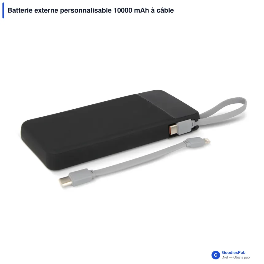 Batterie externe personnalisable 10000 mAh à câbles USB-C et Lightning avec logo - Ziara - Image 2